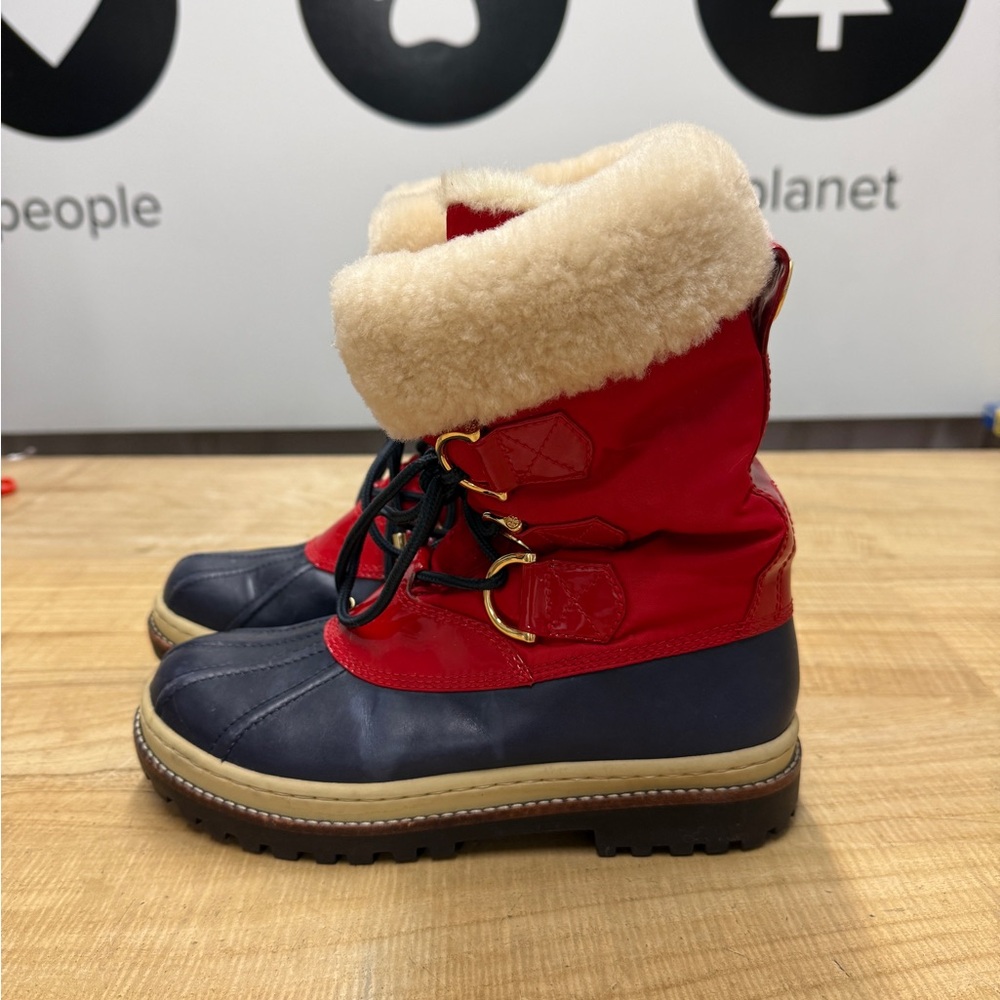Tory Burch Red and Black Waterproof Duck Boots with Shearling Lining Size 7.5